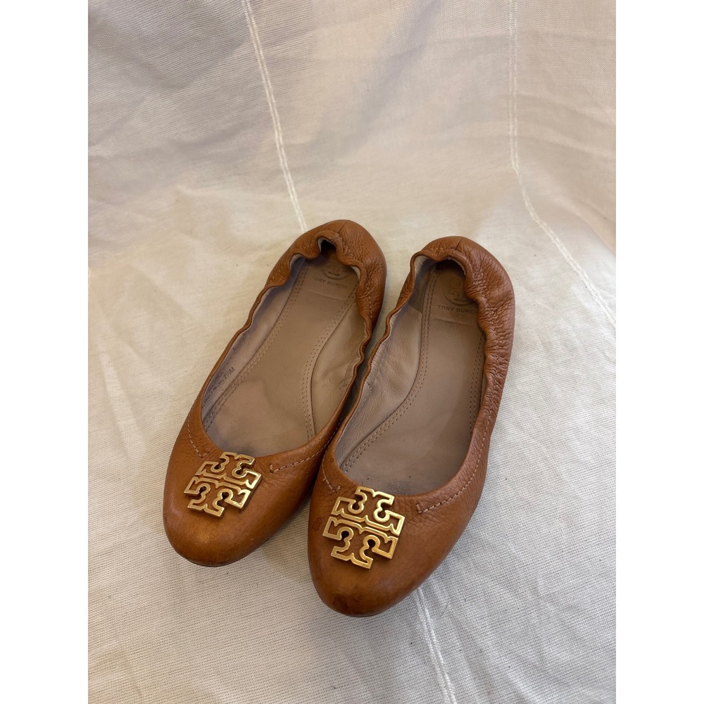 Tory Burch Minnie Travel Ballet Flats Tan Leather Gold Logo 50393 Size 7.5M